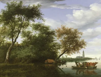 Bewaldete Flusslandschaft mit Figuren und Vieh auf einer Fähre